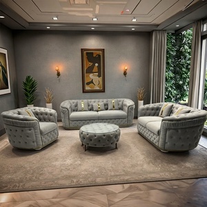 Juego de Sofás Chesterfield de Terciopelo Italiano de Lujo, Color Crema, Directo de Fábrica, para Sala de Estar de Villa, Relleno de Esponja - Product Image 3