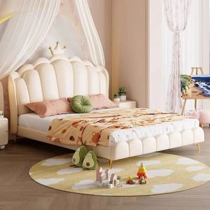 <b>Cream</b> Crown Princess Kids Daybed for Girls Bedroom Modern Minimalist Design with Soft <b>Headboard</b> Comfortable Wood - Product Image 6