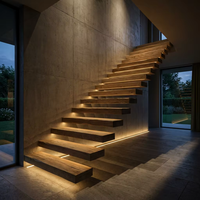Échelle pliante en chêne massif, garde-corps en verre flottant, écologique, durable, sûr, moderne, pour villa extérieure, sur mesure, en acier inoxydable et en bois