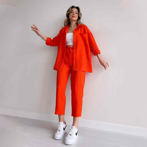 Vêtements pour femmes grandes tailles, printemps 2024, nouvelle veste chemise décontractée ample et pantalon harem sport court, ensemble deux pièces - Product Image 2
