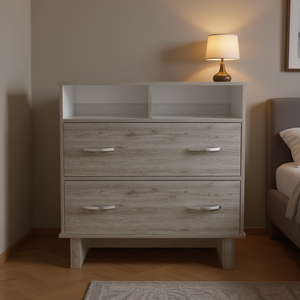 Commode à double tiroir Arabi pour chambre à coucher, gris clair et blanc, design moderne en bois, autoportante - Product Image 2