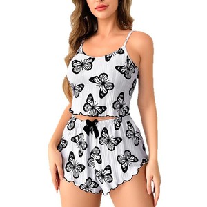 Conjunto de pijama de camisola con estampado de mariposas y rayas de punto para mujeres europeas y americanas al por mayor 2025 - Product Image 1