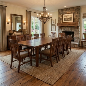 Mesa de comedor rectangular de estilo rústico hecha de dos tablones de madera maciza, que combinan una construcción robusta y la textura natural del madera. - Product Image 2