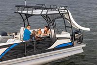 Bateau à ponton en aluminium à deux étages, très vendu en 2025, pour les sports nautiques en plein air, bateau de queue avec toboggan aquatique en vente
