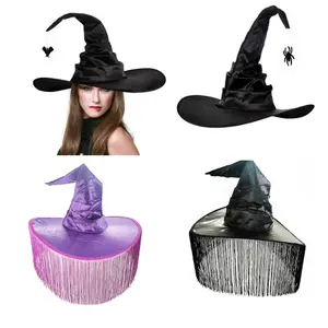 Hot Selling Halloween Fold Witch Hat Party Witch Hat For Kids And Adult Black Oxford Cloth Witch Hat Makeup Prop