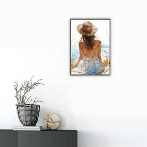 امرأة في ثوب أبيض المشي نحو البحر في إطار غروب الشمس فن الرسم الطباعة - Product Image 3