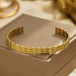 XIXI Acier inossidable regolabile aperto da donna in bambù acciaio inossidabile polsino placcato oro 18K gioielli alla moda braccialetti braccialetti