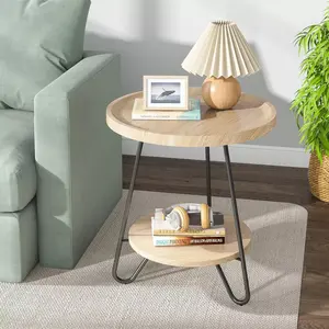 Modern Wood And Metal Side Table With Shelf For Living Room Bedroom And Patio - Stylish Round Design