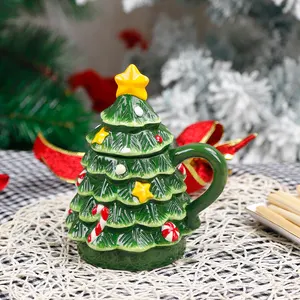 Redeco yeni varış yeşil noel ağacı fincan sevimli noel ağacı kupa seramik noel hediyeler için kapaklı kupa ev dekorasyon