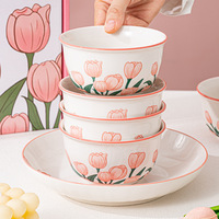 Ensemble de bols à riz en céramique imprimés de tulipes roses, 2/4/6 pièces, passe au micro-ondes, vaisselle en porcelaine, souvenir de mariage pour les invités, boîte cadeau rose