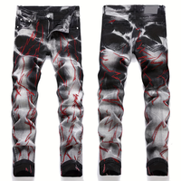 Jeans droits pour hommes en denim extensible, délavé fumé, effet vieilli, avec broderie zigzag rouge, vente en gros, OEM personnalisé
