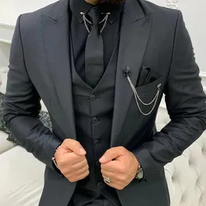 Tailor Made Slim Fit Black Men Suits 3 Piece for Wedding 2022 Peaked Lapel Groom Tuxedos Male Jacket Vest Pants Trajes De Hombre