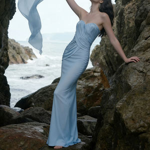 เดรสยาวสีน้ำเงินแบบไร้สายสำหรับผู้หญิง ดีไซน์จับจีบและคอรูปหัวใจ เหมาะสำหรับงานปาร์ตี้ฤดูร้อนและงานกลางคืน - Product Image 2