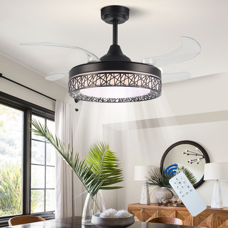 Simple Fashionable Iron Acrylic 4 Blades Commercial Household Remote Control Led Ceiling Fan Light