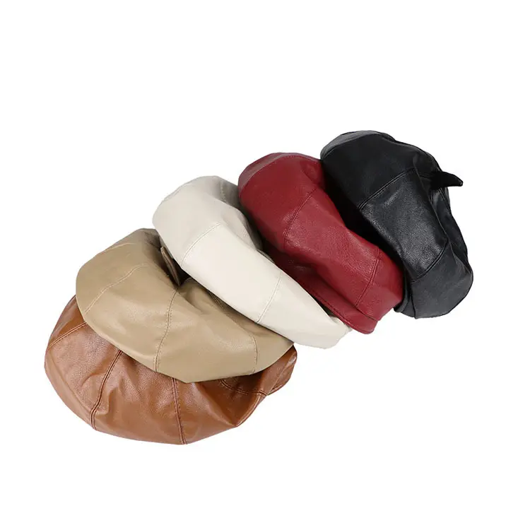 Autumn and Winter PU Leather Beret Women Black British Retro Leather Octagonal Hat