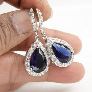 Boucles d'oreilles pendantes E2264 en pierre précieuse bleue, taille poire, sertissage clos, bijoux de mode classiques pour femme, en alliage, forme goutte d'eau - Product Image 1