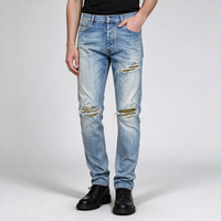 Jeans déchirés et délavés bleu clair 100 % coton pour homme, coupe droite, style streetwear, fabrication OEM sur mesure
