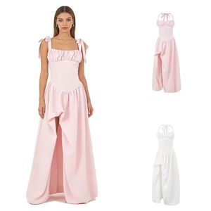 เดรสยาวสีชมพูหวานสไตล์ฝรั่งเศส คอ halter ป้องกันไฟฟ้าสถิต ผ่าสูง เอวสูง ผ้าโพลีเอสเตอร์สีพื้น สำหรับผู้หญิง คอลเลคชั่นฤดูใบไม้ผลิใหม่ - Product Image 1