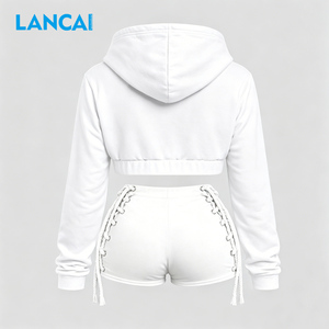 LANCAI Women <b>2</b> <b>Piece</b> Shorts <b>Set</b> <b>White</b> Hooded Crop Top Lace Up Shorts Studded Streetwear Cropped Hoodie Cotton Matching Outfit - Product Image 3