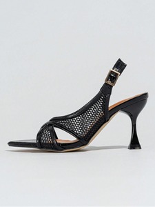 Sandalias de Tacón de Aguja con Punta Puntiaguda para Mujer, Parte Superior de Malla, Tacón Lacado, Diseño Moderno y Elegante en Negro - Product Image 6