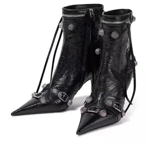 Botas De Cuero Mujer Western Style Rivet Studded Side Leather Ankle High Women Heel Boots for Ladies