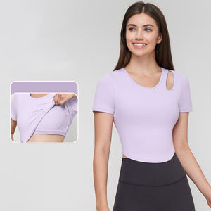 Personnalisé Doux Col Rond Slim Fit Sport Gym Yoga Courir Évider Rembourré Soutien-Gorge Workout Crop Tops À Manches Courtes T-shirts pour Femmes - Product Image 1
