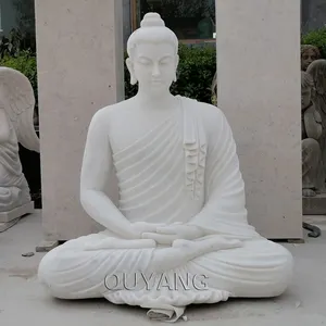 Quyang Tuin Decoratie Hand Gesneden Levensgrote Witte Steen Fengshui Boeddha Sculptuur Marmer Zitten Boeddhabeelden Voor Tempel