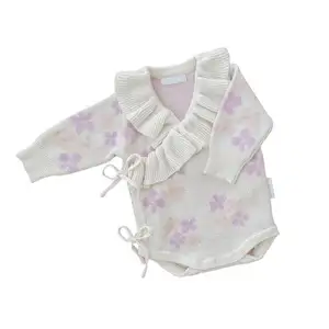 Custom OEM ODM Winter Newborn Baby Knit Sweater Playsuit Infant Knitted Kimono Sweater Romper Kids Girl Solid Color Bodysuit