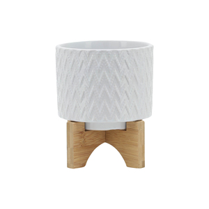 Maceta de Cerámica con Soporte de Madera, Diseño Texturizado Blanco para Decoración del Hogar y Jardín - Product Image 1