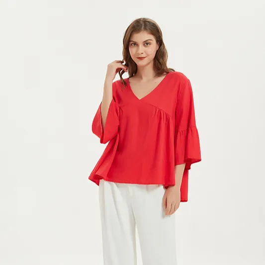 Blusa holgada plisada con cuello de pico para mujer, blusas elegantes a la moda, 2023