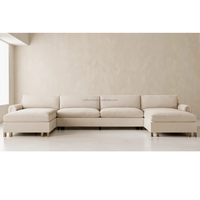Canapé modulaire sectionnel moderne en tissu avec cadre en bois massif, double chaise longue, design en U, pieds en bois pour salon et chambre