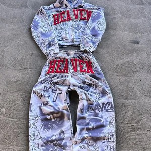 Thick Cotton French Terry Heavy Fleece Heayvweight 100% Cotton Dtg Custom All Over Print Flared Jogger Pants and Hoodie <b>Set</b> - Product Image 5