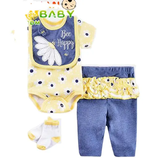 Newborn suits 4pcs short sleeve infant rompers+pants+socks+Bib