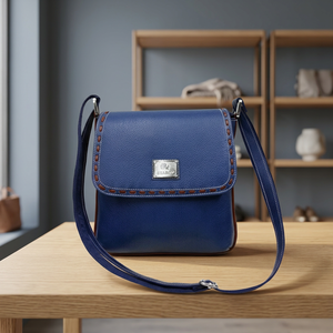 Bolso de Mano Casual de Cuero Genuino Color Azul, a la Moda, Personalizable, Resistente al Agua, con Cierre y Correa de Hombro Cruzada, Tamaño Grande - Product Image 1
