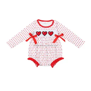 Boutique Valentine criança meninas romper amor bordado mangas compridas com arco bebê recém-nascido romper atacado estilo onesie