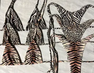 Biquíni de cintura alta sem costura estampado, roupa de banho personalizada com estampa de leopardo, triângulo