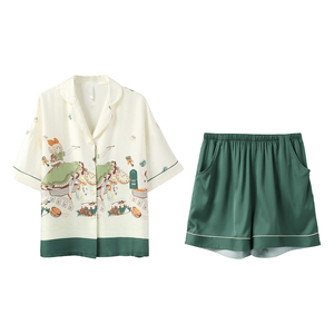 Nuovo Stile Set in Raso a Maniche Corte, <span class=keywords><strong>Pigiama</strong></span> in Seta Ghiaccio con Motivo a Fiori di Pera, Vestibilità Ampia con Elastico in Vita, Elegante per Esterni Estivi da Donna - Product Image 6