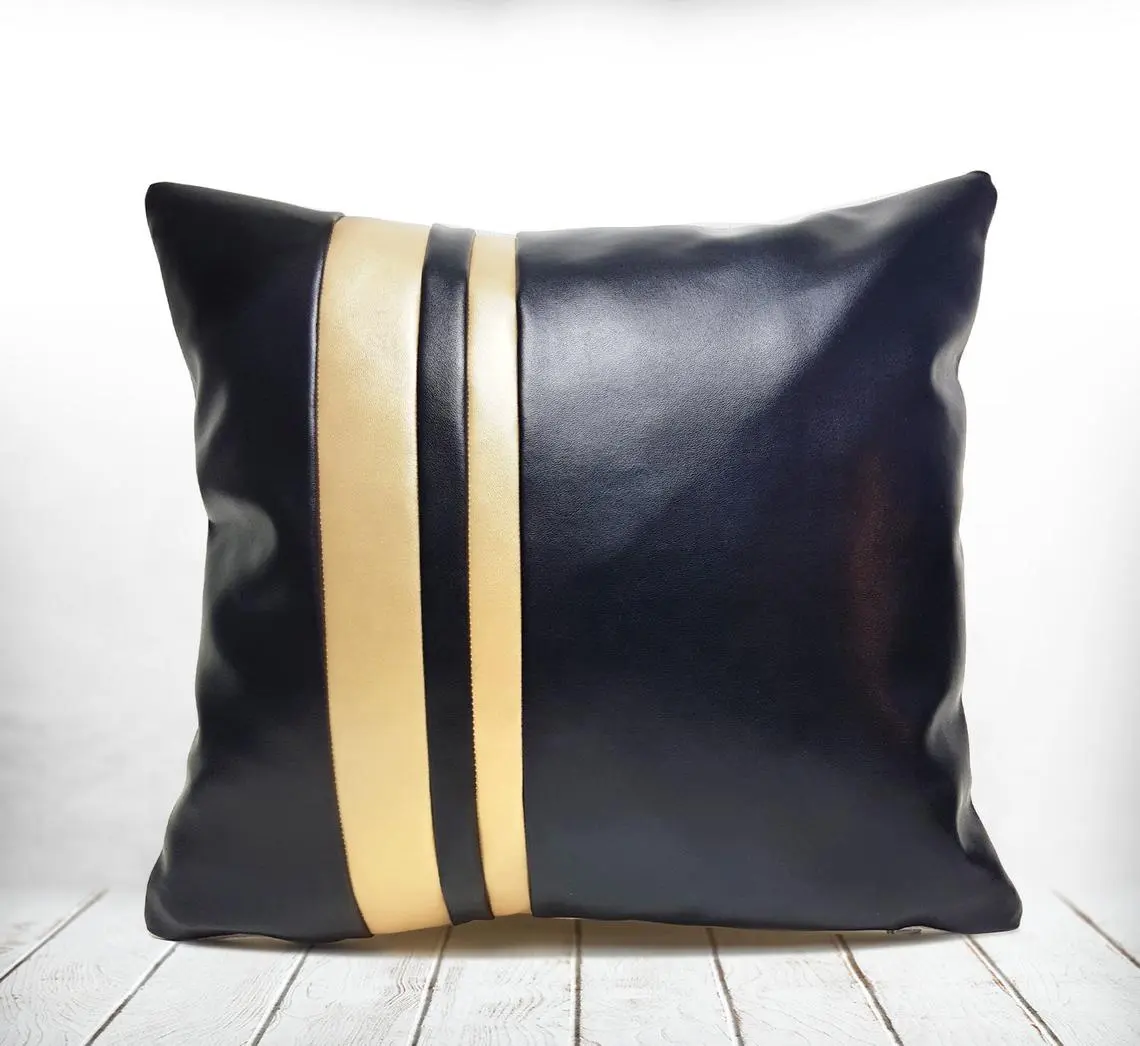 Leather Block Striped Golden and Black Pillow Soft Car Cushion Living Room Decorate Throw Case Cover LPR-0188