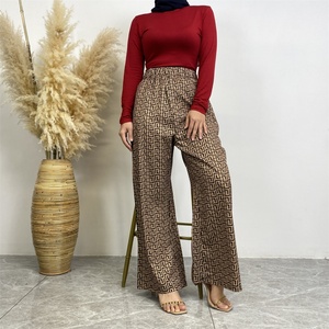 6674# Summer Fast Fashion 2 Piece <b>Set</b> Satin Printed Pant <b>Sets</b> With Buttons Long Cardigan Loose Women Pants for Muslim Women - Product Image 2