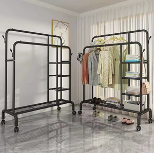 Perchero ajustable de metal resistente de doble barra con ganchos laterales y ruedas, organizador de ropa para dormitorio, lavandería, sala de estar - Product Image 5