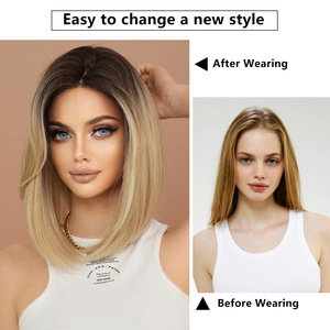 Perruque courte pour <span class=keywords><strong>femme</strong></span>, style européen-américain, avec dentelle frontale, naturelle et lisse, couvrant entièrement la tête, <span class=keywords><strong>dégradé</strong></span> doré, coupe Bobo, longueur aux épaules - Product Image 2