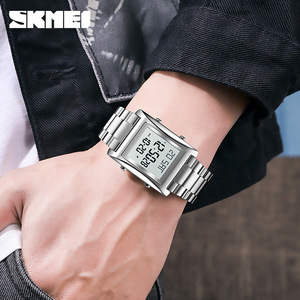 Skmei 1812 Người Đàn Ông Của Thép Không Gỉ Dây Đeo Reloj 30M Đồng Hồ Chống Thấm Nước Kỹ Thuật Số Người Đàn Ông Vuông LED Hiển Thị Lịch Ngày Tuần Đồng Hồ - Product Image 4