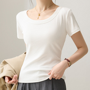 T-shirt côtelé pour femme à manches courtes, 46% coton, 46% viscose, 8% élasthanne, couleur unie, col rond, décontracté - Product Image 3