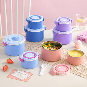 <b>Lunch</b> <b>Box</b> 304 Stainless Steel Double Layer Round Leak Proof <b>Plastic</b> Lid Children Bento <b>Box</b> Solid Color JLY5566 JLY5567 - Product Image 1