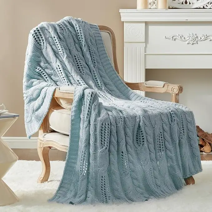 नए उत्पाद केबल निट थ्रो कंबल, काउच सोफा बेडरूम के लिए नरम आरामदायक और हल्के चंकी आधुनिक बुना हुआ थ्रो कंबल