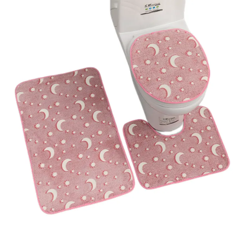 Wholesale Deep pink Moon Stars luminous plush carpet absorbent non-slip floor mat Bathroom Carpet set
