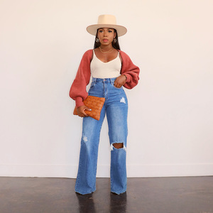 Los últimos pantalones vaqueros informales holgados de cintura alta para mujer, Pantalones vaqueros de pierna recta lavados de talla grande para niñas, <span class=keywords><strong>suavizante</strong></span> sólido rasgado de cintura media - Product Image 2