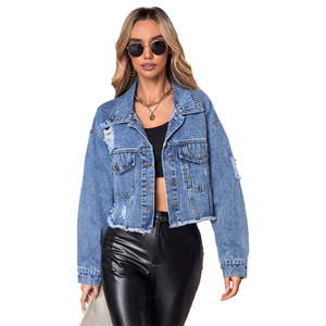 Veste en jean courte en denim déchirée en détresse pour femmes en gros - Product Image 1