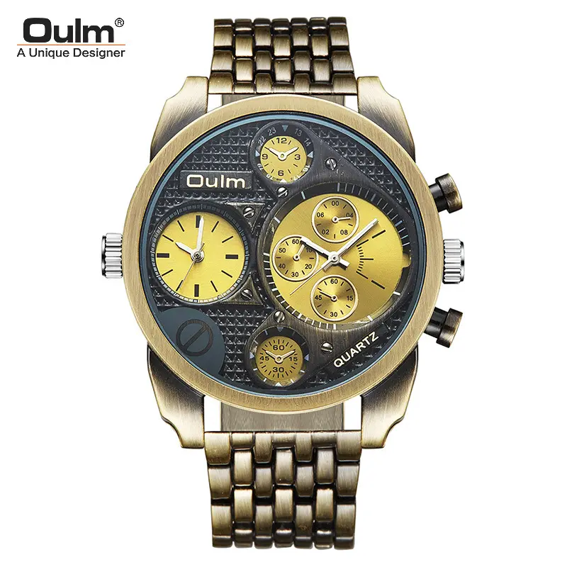 OULM นาฬิกาข้อมือชาย,นาฬิกาควอตซ์แสดงบุคลิกภาพคลาสสิกเรโทรเข็มขัดอัลลอยสองที่ขายส่ง