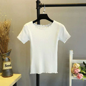 Vente en gros hauts courts unis débardeur fitness t-shirt été mince col feuille de lotus oreille en bois taille haute femmes haut court - Product Image 2